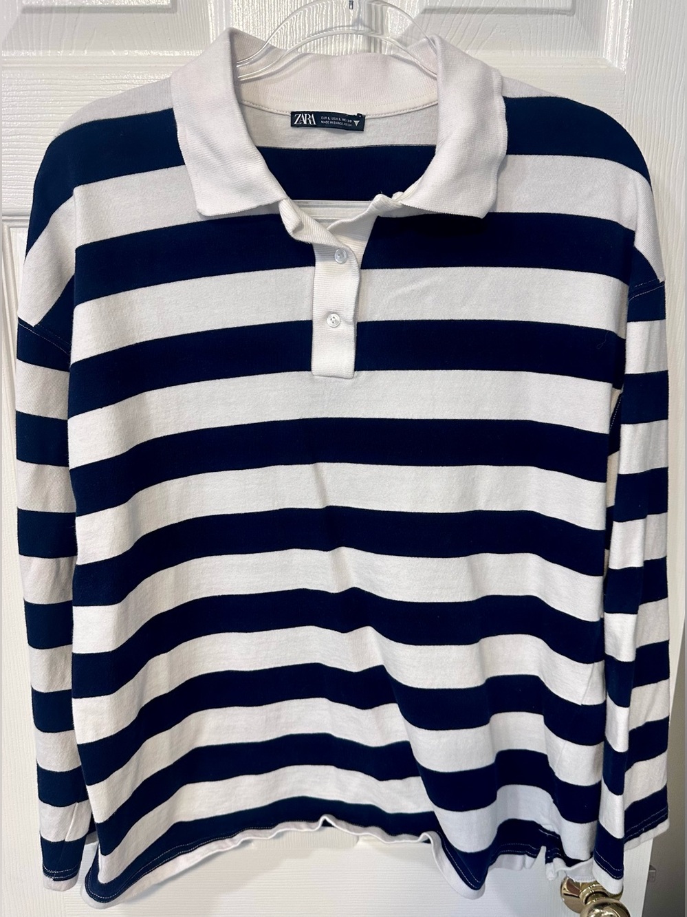 Zara Navy & White Striped Long-Sleeve Polo